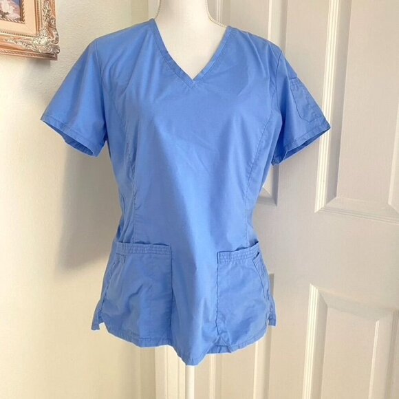 Landau Stretch V-Neck Scrub Top Ceil Blue 4 Pockets Healthcare Nurses Uniform - Picture 3 of 9